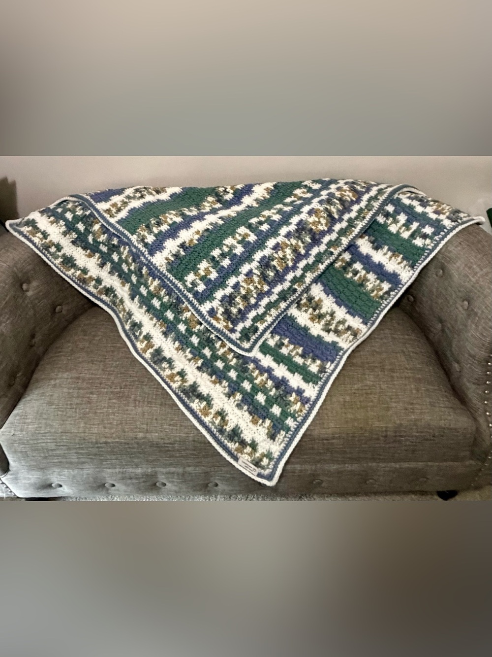 Crocheted Baby Blanket in Green, Blue & White